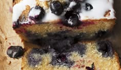 two slices of blueberry bread with icing on top