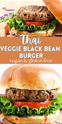 the veggie black bean burger with lettuce and tomato on it is cut in half