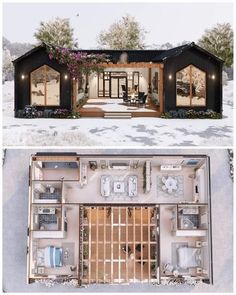 two pictures of the same house in different stages of construction, and one shows an open floor plan