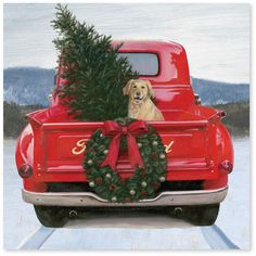 a dog sitting in the back of a red truck with a christmas wreath on it