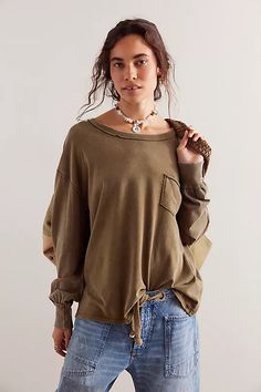 Just as effortless as it is essential, this timeless tee is featured in a staple, long sleeve silhouette with distressed seaming throughout for a true lived-in look. Fit: Slouchy, relaxed fitFeatures: Scoop neckline, front bust patch pocket, dropped shouldersWhy We <3 It: So cool and classic, this throw-on-and-go tee is the perfect piece to take you from season to season. 100% cotton