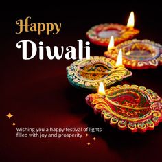 happy diwali greeting card with three colorful decorated diyas on dark red background