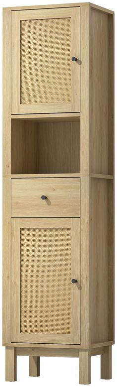 a wooden cabinet with two doors and drawers