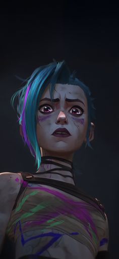 an animated woman with blue hair and makeup