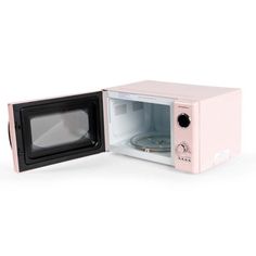 two pink microwaves sitting next to each other on a white surface with one open and the other closed