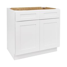 a white kitchen cabinet with wooden top and bottom paneling on the door, in front of a white background