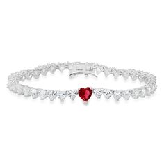 Real Sterling Silver / 14k Gold Over Silver - Stamped "925" for authenticity 7mm Heart-cut Ruby CZ Center Stone / 4.5mm Heart-cut CZ Stone Simulated Ruby & CZ 14.35 CTW (diamond equivalent) Bracelet Length: 7.25" Bracelet Width: 7mm Total Weight: 10.30 grams Comes with jewelry pouch & box - perfect for gift giving! Queens Jewels, Heart Gemstone, Sterling Silver Heart, Tennis Bracelet, Cz Stone, Jewelry Pouch, Silver Heart, Silver Bracelets, Sterling Silver Bracelets