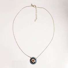 Introducing our stunning Cable Chain with a Hand-Painted 19mm Evil Eye Turkish Pendant in a Decorative Prong Setting. This gold Evil Eye Necklace is the perfect addition to any jewelry collection, with its unique design and intricate detailing. Crafted with care, this necklace features an 18+2 inch chain and a hand-painted Turkish pendant measuring 19mm in size. The evil eye symbol is said to ward off negative energy and bring good luck, making this necklace both beautiful and meaningful. Our Ca Gold Chain Medallion Necklaces For Gifts, Handmade Gold Enamel Necklaces, Gold Chain Necklace With Medallion For Gift, Round Medallion Necklace With Gold Chain As Gift, Gift Medallion Necklace With Gold Chain, Gift Round Medallion Necklace With Gold Chain, Gold Plated Necklace With Round Gold Chain, Gold Chain Necklace Gift, Gold-plated Evil Eye Amulet Necklace