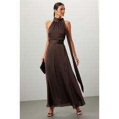 Brown satin (100% Polyester). A-line. Sleeveless. Tie neck. Tie closure. 58" from shoulder to hemline. Imported. Brown Tie, Brown Satin, Sleeveless Gown, Satin Gown, Waist Tie, Formal Gowns, Neck Tie, Satin, Maxi Dress