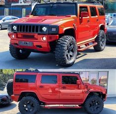 two pictures of a red hummer with black rims and tires, one showing the front bumper