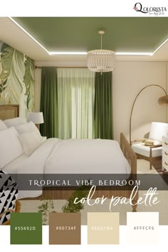 Color Palette Ideas - Tropical Vibe Bedroom Green Palette Bedroom Ideas, Bedroom Inspirations Tropical, Tropical Bedroom Color Schemes, Relaxing Color Palette Bedrooms, Tropical Interior Color Palette, Best Bedroom Color Palette, Small Bedroom Color Palette, Green Wall Bedroom Ideas Decor, Room Colour Theme Ideas