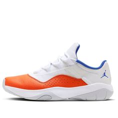 The Air Jordan 11 CMFT Low 'Knicks' is a stylish sneaker for adults, featuring a typical patent leather upper with a white base and vibrant orange wash. The muted roll-mesh fabric and clean white accents on the midsole, tongue structure and laces create a subtle yet eye-catching look. The interior tongue detailing and cushioning with mini Jumpman logo add to the sneaker's appeal. The 'Royal Blue' accents on the Cushlon sole unit provide a crisp finish. Perfect for everyday wear or sports activities, the Air Jordan 11 CMFT Low 'Knicks' is a must-have for any sneakerhead. (SNKR/AJ11/Retro/Low Top/Non-Slip/Basketball/Wear-resistant/Shock-absorbing) Jordan Shoes For Light Sports With Fade-resistant Round Toe, Casual Leather Basketball Shoes Fade-resistant, Casual Low-top Jordan Shoes With Air Max Cushioning, Casual Jordan Lace-up Shoes For Sports, Casual Leather Jordan Shoes For Light Sports, Casual Lace-up Jordan Shoes For Sports, Round Toe Basketball Shoes With Air Max Cushioning, Sporty Leather Jordan Shoes Fade-resistant, Sporty Fade-resistant Leather Jordan Shoes