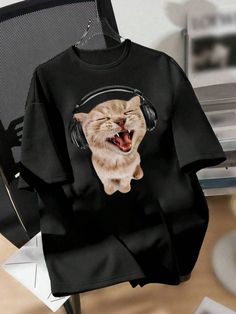 Black Casual Collar Short Sleeve Polyester Animal  Embellished Slight Stretch  Teen Girls Clothing Portable Bag, Camping Bag, Casual Summer Tops, Elegant Dresses Long, Teenage Girls, Crop Blouse, Teen Girls, Cat Print