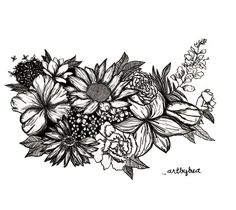 an ink drawing of sunflowers and other flowers