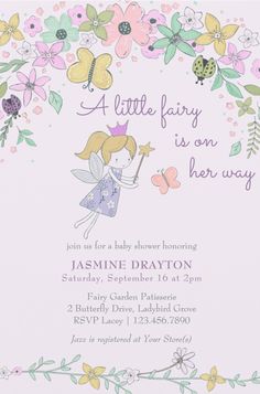 a little fairy is on her way baby shower card with flowers, butterflies and ladybug