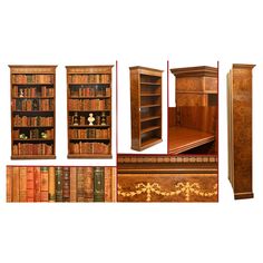 an assortment of bookshelves and cabinets with decorative carvings on the front, side, and back sides