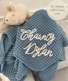 a teddy bear sitting on top of a blanket with the words fancy d'an