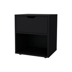 a black night stand with two drawers on one side and an open drawer on the other