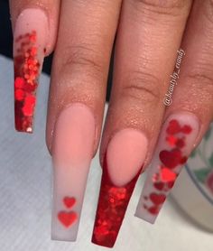 Valentine’s Day Nails Acrylic Coffin, Valentines Day Nails Encapsulated, Valentine’s Nails Acrylic, Red Valentines Day Nails Acrylic Long, Acrylic Nail Designs For Valentines Day, Clear Valentine Nails, Red Nails Acrylic Valentines Day, Valentines Ombre Nails, Ombre Valentines Nails