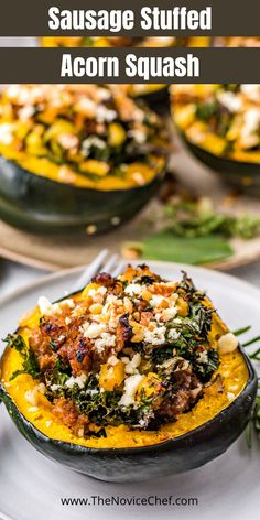 an acorn squash dish with sausage and spinach in it on a white plate