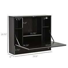 a black desk with measurements for the top and bottom shelves on each side, along with an additional shelf