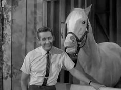 a man standing next to a white horse