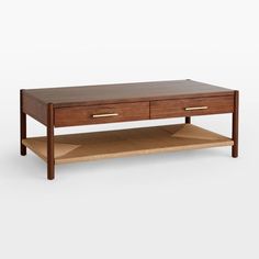 a coffee table with two drawers on one side and an open shelf underneath the top