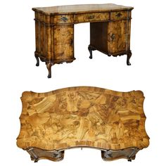 two pieces of furniture that are made out of wood and have carvings on the top