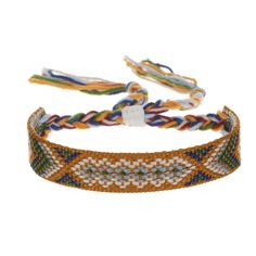 two braided bracelets with multicolored beads on each side and white background