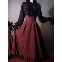 A high-waisted classic skirt, vest, and cavalier blouse that gives you the feel of an elegant British lady. The back of the skirt is decorated with lace-up, and the flowing silhouette gives an impression of elegance and elegance. The high-necked blouse has a decorated chest ornament, giving it a noble feel. An eternal style that shines through time. 
 
 Item 
 
 Skirt (*with headband of the same color) 
 Best 
 Blouse (*with chest decoration) 
 
 
 
 Size 
 
 Skirt 
 
 S size 
 
 Total length: 86cm 
 
 Waist: 64-72cm 
 
 M size 
 
 Total length: 87cm 
 
 Waist: 70-78cm 
 
 L size 
 
 Total length: 88cm 
 
 Waist: 76-84cm 
 
 XL size 
 
 Total length: 89cm 
 
 Waist: 82-90cm 
 
 XXL size 
 
 Total length: 90cm 
 
 Waist: 88-96cm 
 
 
 Best 
 
 S size 
 
 Length: 52cm 
 Bust: 86cm 
 Waist: 7 Elegant Skirt With Ruffles, Dark Academia Fitted Dress With Ruffles, Dark Academia Fitted Ruffle Dress, Formal Flared Dress With Ruffles, Elegant Maxi Skirt With Ruffles, Elegant Corset Dress With Ruffled Skirt For Evening, Elegant Tiered Maxi Skirt With Ruffles, Elegant Ruffled Flared Maxi Skirt, Elegant Ruffled Maxi Skirt