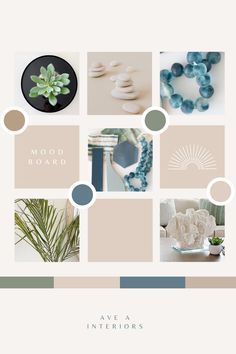 a brochure with many different items and colors on the front, along with text that reads mood board ave interiors