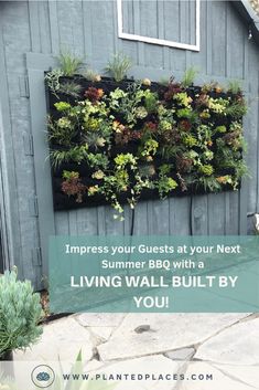 a living wall built into the side of a building with text overlaying it