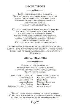 a black and white menu with the words special thanks