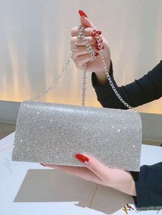 BirdinBag - Party-Ready Mini Square Bag with Silver Rhinestone Embellishment Large Wedding Party, Silver Crossbody Bag, Silver Clutch Purse, Envelope Handbag, Evening Clutches, Silver Bag, Glitter Clutch, Handbags Large, Party Handbags