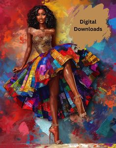 a painting of a woman in a colorful dress with the words digital downloadss on it