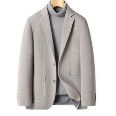 Casual Slim Fit Woolen Blazer Suit Jacket Features：  Product ID:BZ0042 Material:Polyester,Woolen,Acrylic Season:Spring,Autumn,Winter Color:Beige,Purplish Blue  Size Chat： Single Breasted Solid Outerwear For Office, Solid Single Breasted Outerwear For Office, Solid Single-breasted Outerwear For Office, Casual Business Wool Coat In A Specific Color, Elegant Long Sleeve Suits For Fall, Gray Business Outerwear With Suit Collar, Office Wool Coat With Welt Pockets And Long Sleeves, Office Wool Coat With Welt Pockets, Gray Long Sleeve Wool Coat For Formal Occasions