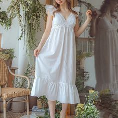 French Lace Ruffle Pajama Nightgown | Best Stylish Bedding | Ever Lasting Feminine V-neck Nightgown With Lace Trim, White Cotton Sleepwear With Ruffles, V-neck Sleepwear With Ruffles, White Ruffled Sleepwear For Loungewear, Spring Nightgown With Delicate Lace For Loungewear, Spring Delicate Lace Nightgown For Loungewear, Summer Delicate Lace Nightgown For Loungewear, Summer Nightgown With Delicate Lace For Loungewear, Delicate Lace Trim Summer Sleepwear