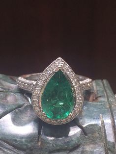 Emerald & Diamond Ring by BFJewelryEst1984 on Etsy Traditional Engagement Rings, Emerald Diamond Ring, Double Halo, Right Hand Rings, Emerald Diamond, Emerald Green, Pear Shaped, Turquoise Ring, Halo