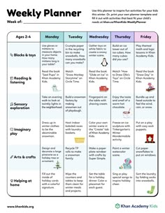 the weekly planner for kids with pictures and text on it, which includes activities to help them