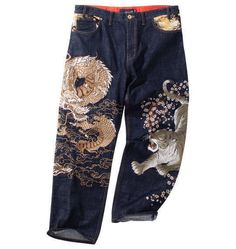 KARAKURI-TAMASHII Large size jeans Dragon and Tiger Embroidery Denim Pants Description Product Name: Denim Pants Brand: Karakuri Tamashii New and unused Size: 43.31in (waist 47.24in, gutter width 16.14in, inseam 31.5in) Material: 100% cotton denim Color: Navy Shipping Expedited Shipping:DHL,FedEx with trackin Remote area fees may be charged separately. International Buyers - Please Note: Import duties, taxes, and charges are not included in the item price or shipping cost. These charges are the buyer's responsibility. Please check with your country's customs office to determine what these additional costs will be prior to bidding or buying. Thank you for your understanding. Baggy Jeans Embroidery, Cool Pants Men, Custom Pants Jeans, Denim Embroidery Jeans, Karakuri Jeans, Customised Jeans, Zumiez Pants, Pant Embroidery, Tiger Jeans