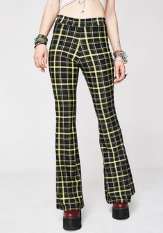 Sugarpuss Retro PLAID FLARE PANTS, Yellow Plaid, Bell Bottom Pants, Plaid, Holiday, Fall Clothing, Retro LookThese super retro Yellow Plaid Mid-Rise Flare Pants have that vintage retro look of the 70s. Just enough of a Bell Bottom to have the retro look, but still able to move around easily. Perfect for the Fall and Holiday Season!Pair it with our Black Crushed Velvet Cropped Mock Turtleneck and go to a Holiday party...Made from 4-way stretch printed lycra blend.ALL SALE ITEMS ARE FINAL. NO RETU Retro Print Wide Leg Bottoms, Retro Stretch High-waisted Pants, Retro Wide Leg Bottoms With Retro Print, Fitted Retro Pants With Retro Print, Vintage High-waist Yellow Bottoms, Vintage High Waist Yellow Bottoms, Retro Green Full-length Bottoms, Retro Full-length Green Bottoms, Vintage Wide Leg Yellow Bottoms