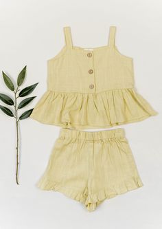 Ramona Linen Summer Outfit in Lime Green Crop Top And Shorts Outfit, Buttoned Linen Mini Dress, Fitted Linen Summer Crop Top, Kids Linen Clothes, Fitted Sleeveless Linen Crop Top, Linen Summer Outfits, Linen Summer Dress Kids, Tank Top And Shorts, Linen Crop Top