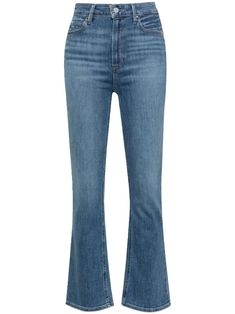 indigo blue stretch-design cotton blend denim whiskering effect logo patch to the rear high-rise belt loops concealed fly and button fastening classic five pockets slim cut flared