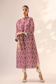 Designer Silk Kurta With Block Print, Transitional Silk Kurta With Printed Motifs, Transitional Silk Straight Kurta, Festive Silk Kurta With Ikat Print, Red Kurta With Printed Motifs For Spring, Red Printed Kurta For Spring, Red Straight Kurta For Spring, Festive Kurta With Dabka And Straight Pants, Festive Straight Kurta With Dabka Detailing