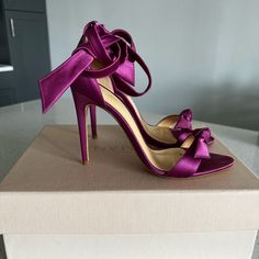 Worn Only 1x. Excellent Condition. Fuchsia Satin Color Called Pale Cherry. Bought From Saks Online. I Can Can Provide The Email Receipt Upon Request. Box And Dust Bag Included. Purple High Heel Shoes For Events, Purple Heel Strap Heels For Party, Purple Heels With Heel Strap For Party, Purple Wedding Shoes For Party, Luxury Purple Heels With 4-inch Heel, Elegant Purple Open Toe Heels, Glamorous Purple Heels For Wedding, Luxury Purple Heels With Heel Strap, Purple Pointed Toe Heels For Gala