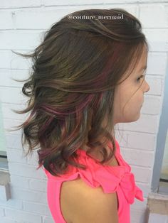 Highlights For Kids, Kids Peekaboo Hair Color, Kids Highlights Hair, Peekaboo Hair Color Pink Brown, Peekaboo Hair Color Pink And Purple, Bright Colored Peekaboo Highlights, Light Pink Peekaboo Hair Dark Brown