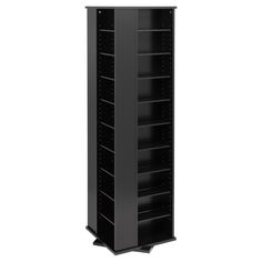 a tall black bookcase with shelves on each side