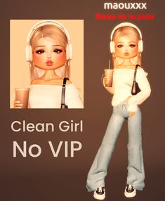 the girl is wearing headphones and holding a glass in her hand, with an advert