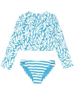 Print: High Tide Top + Stripes Bottom Fabric: 80% Polyester 20% Elastane UV Protection: 50+ UPF sun protection Fit: True to size Sleeve: Long sleeve Closure: Zipper at neck with pull tab Other Features: Cut out detail on bottom Blue Long Sleeve Sets For Vacation, Long Sleeve Beach Sets For Spring, Blue Long Sleeve Swimwear For Vacation, Blue Long Sleeve Tops For Poolside, Fitted Printed Sets For Poolside, Printed Fitted Sets For Poolside, White Beachwear Sets For Spring, Long Sleeve Swimwear For Spring Pool Season, White Poolside Summer Sets