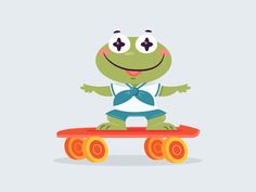 a cartoon frog riding on top of a skateboard with a bow tie around its neck